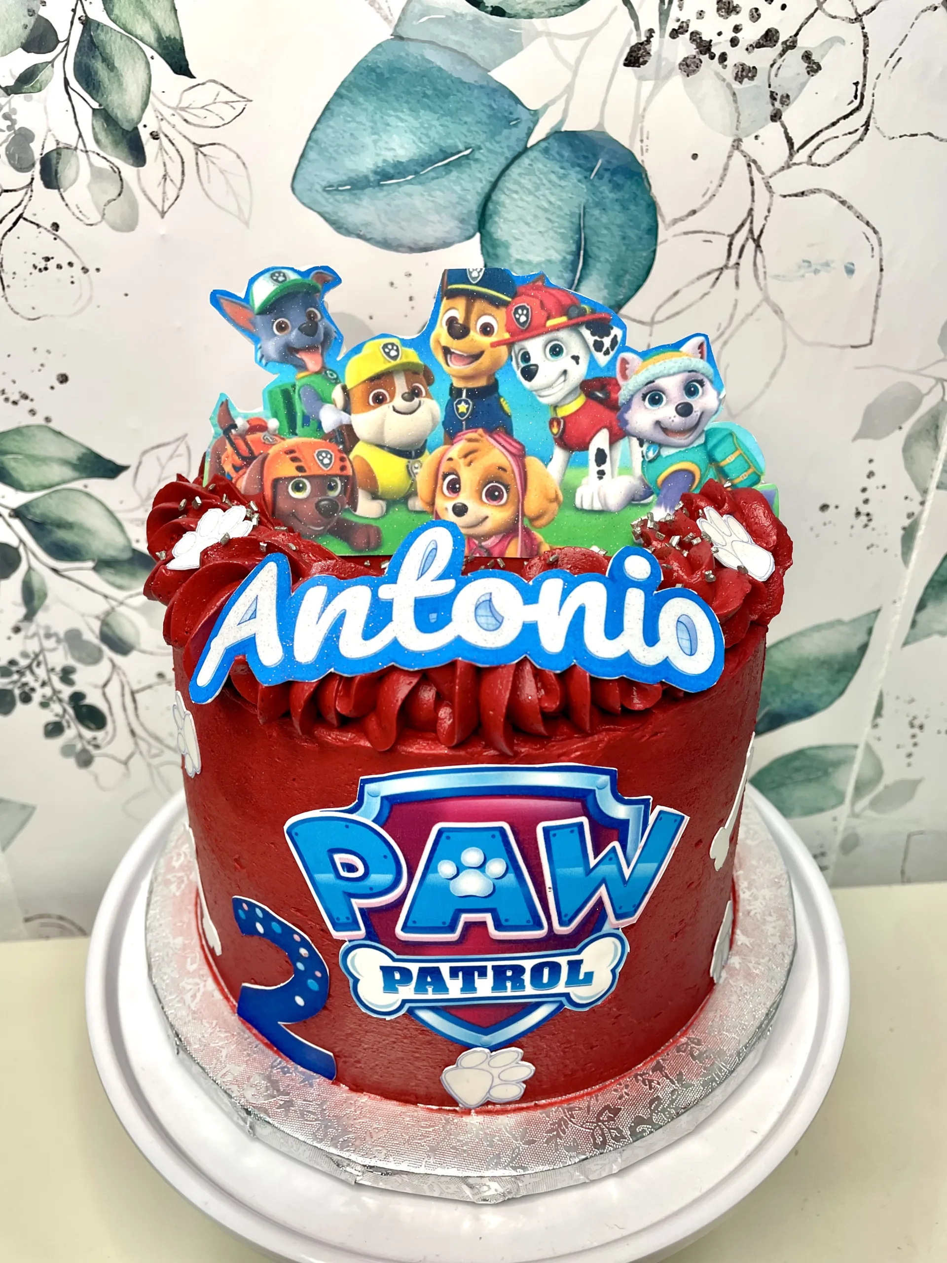 Tarta casera hecha por la Pilareta para Antonio con la personalización de la patrulla canina.